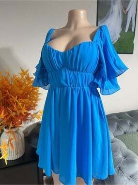 Vibrant Blue Flutter-Sleeve Mini Dress